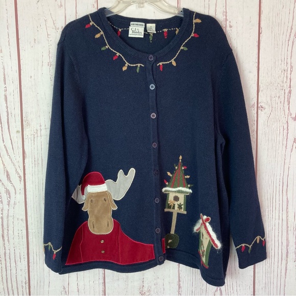 CJ Banks Hand Embroidered 2X Winter Moose Button Cardigan Knit Sweater Blue - Picture 2 of 8